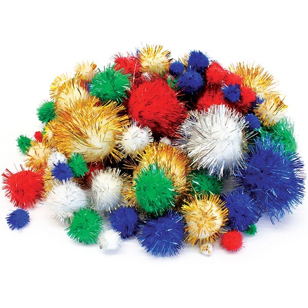 Glitter Pom Poms pk100 mixed sizes Childrens Crafting