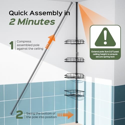  Shower Caddy Tension Pole: 4-Tier Rustproof Bathroom Corner Shelf Black