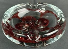 Vintage Hand-Blown Heavy Crystal 4 Port Ashtray Burgundy Center Flower Design