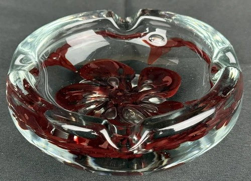 Vintage Hand-Blown Heavy Crystal 4 Port Ashtray Burgundy Center Flower Design