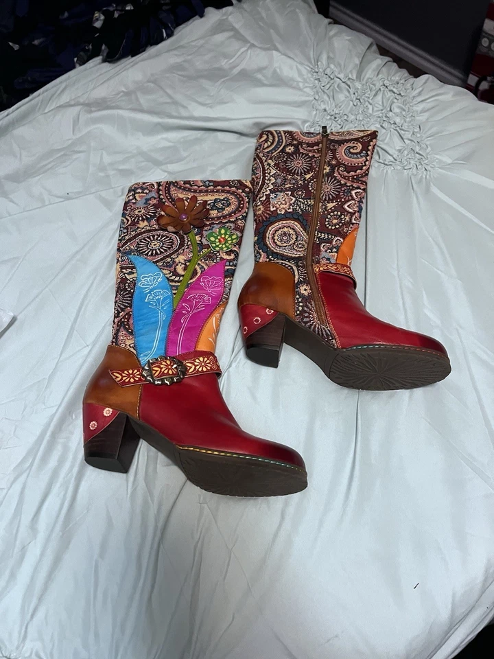 女式红色皮革和织物高筒靴(6.5-7 码) — 第 2/4 张图片