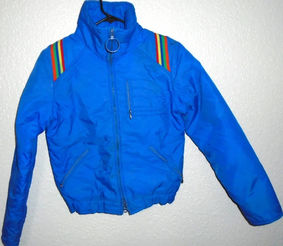 Vintage Roffe 1980s Rainbow Down Filled Blue Ski Jacket size 10 small - Image 2 of 4