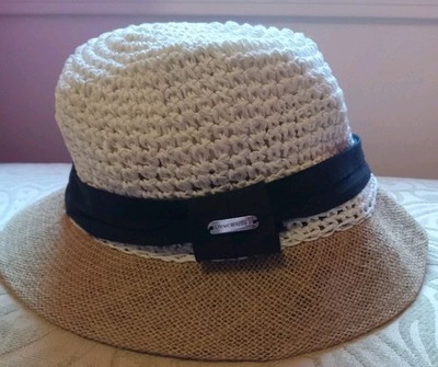 Steve Madden Women's Hat Straw Brim Fedora Black Silvertone M/L
