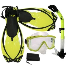 NEW Panoramic Purge Mask Dry Snorkel Fins Dive Gear Set