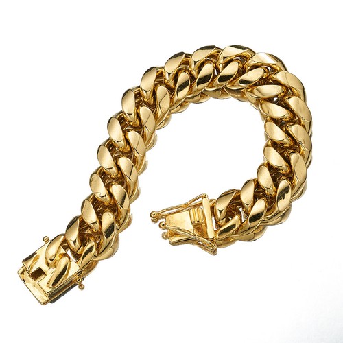 Brazalete de eslabones cubanos Miami para hombre chapado en oro de 18 quilates acero inoxidable hip hop 8 mm-18 mm - Imagen 34 de 37
