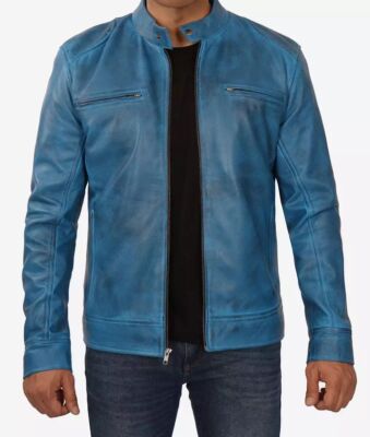 Men's Cafe Racer Stylish Moto Biker Trucker Real Lambskin Blue Leather Jacket