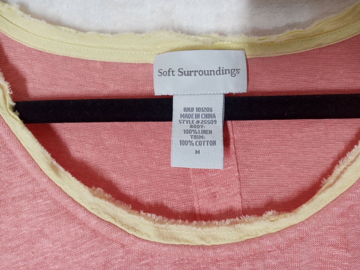 Soft Surroundings Women's Medium Tee Top Coral Linen Knit Raw Hems