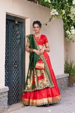 Indian Style Red Jacquard Silk Lehenga Choli With Green Dupatta For Festival