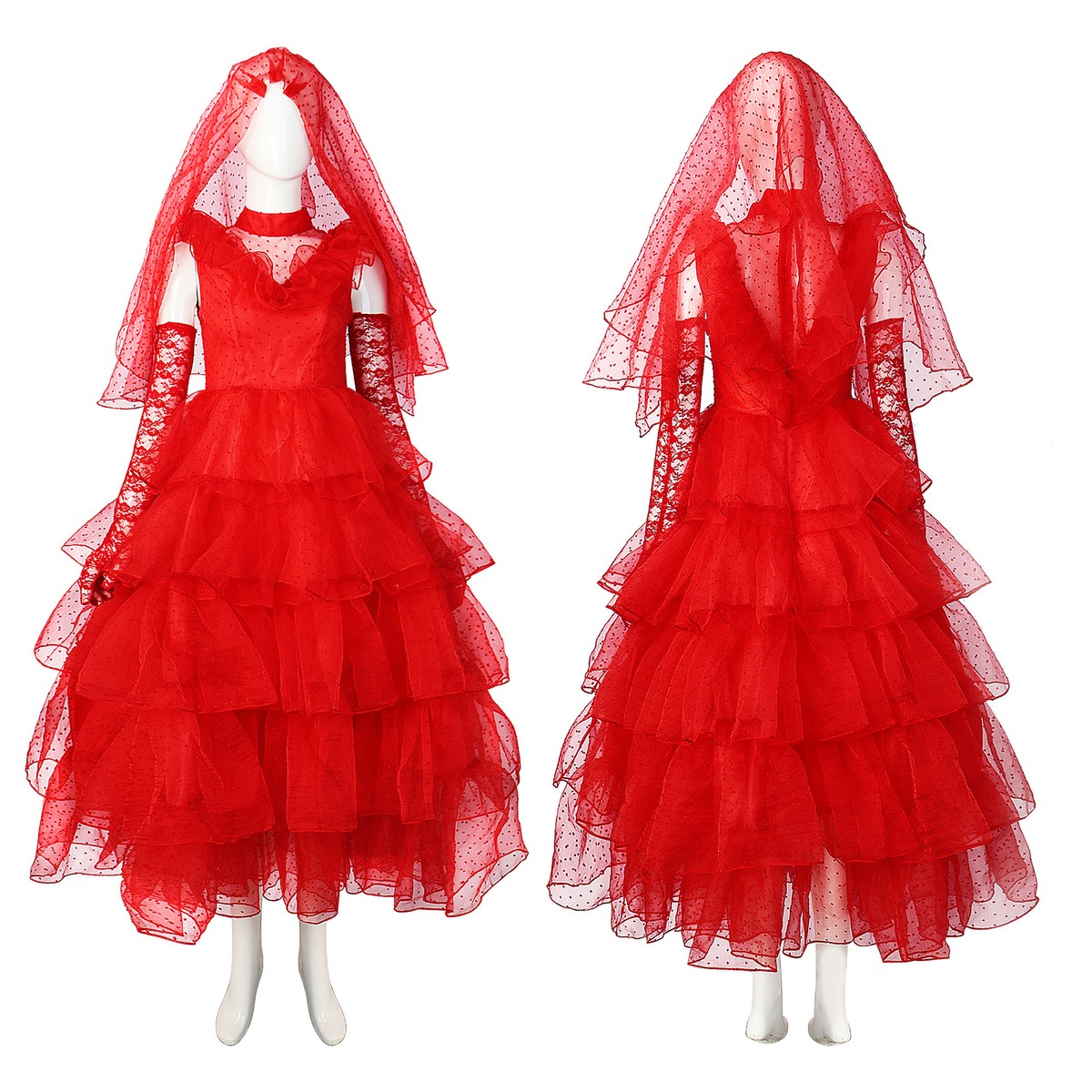 Movie Beetle Juice Lydia Red Wedding Dress Cosplay Costume Halloween Suit  Outfit