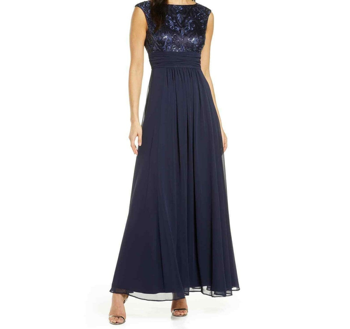 Eliza J Sequin Embroidered Chiffon Navy Blue Gown, Size