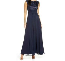 Eliza J Sequin Embroidered Chiffon Navy Blue Gown, Size 2