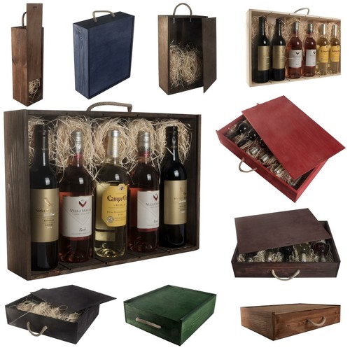 Caja de regalo de vino de madera / 1-6 botellas / colores / mango de cuerda / eBay