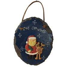 Santa Christmas Hanging Sign Plaque Holiday Reindeer Merry 8 x 6 in