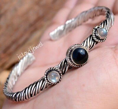 Bracelet Manchette En Argent Sterling 925 Avec Onyx Noir & Améthyste - Fait Main, Réglable