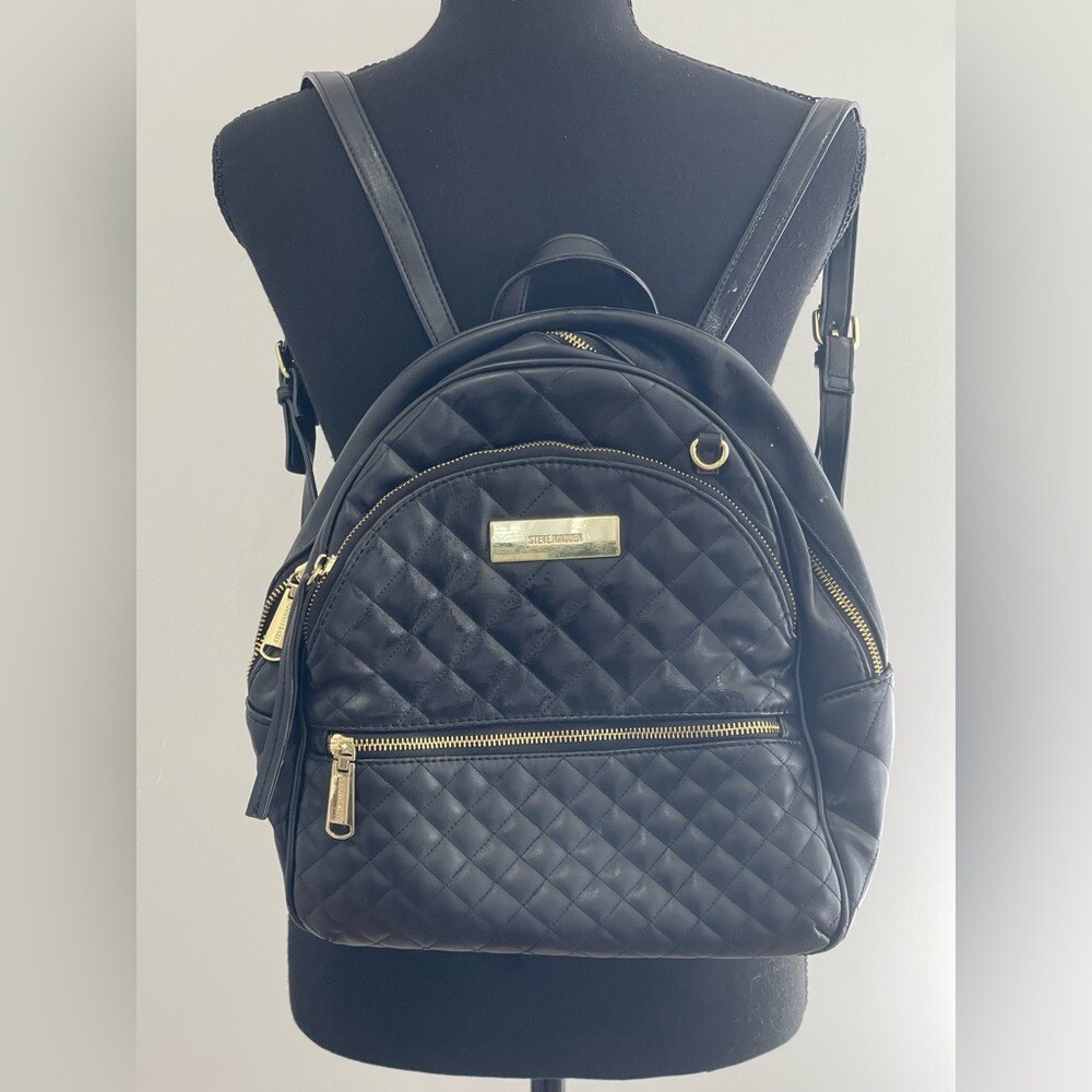 Steve Madden Black Quilted Backpack Gold Accents 13x14 | eBay display picture 1