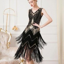 Women's Sequin V-Neck Tassel Dance Dress Formal Party Evening Prom Costume Sexy 