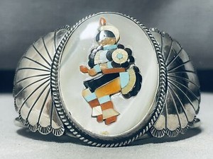 CEREMONY DANCER!! VINTAGE ZUNI TURQUOISE INLAY STERLING SILVER BRACELET