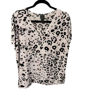 Clara Sun Woo Spandex Blend Short Sleeve V Neck Animal Print Top Pink Black XL