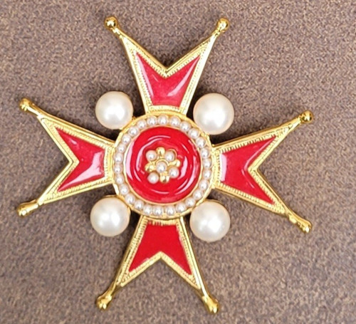 Vintage Chanel Brooch Maltese Cross Red Enamel Faux Pearl Gold Tone Large