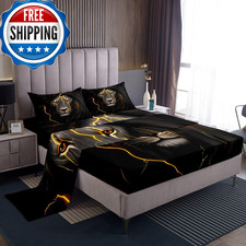 Erosebridal Lion Bed Sheet Set King Gold Lightning Lion Head Bed Sheets Black