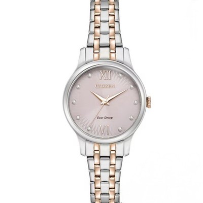 Citizen Eco Drive Ladies Pink Crystal Dial Two Tone Stainless Watch Em0897-51x