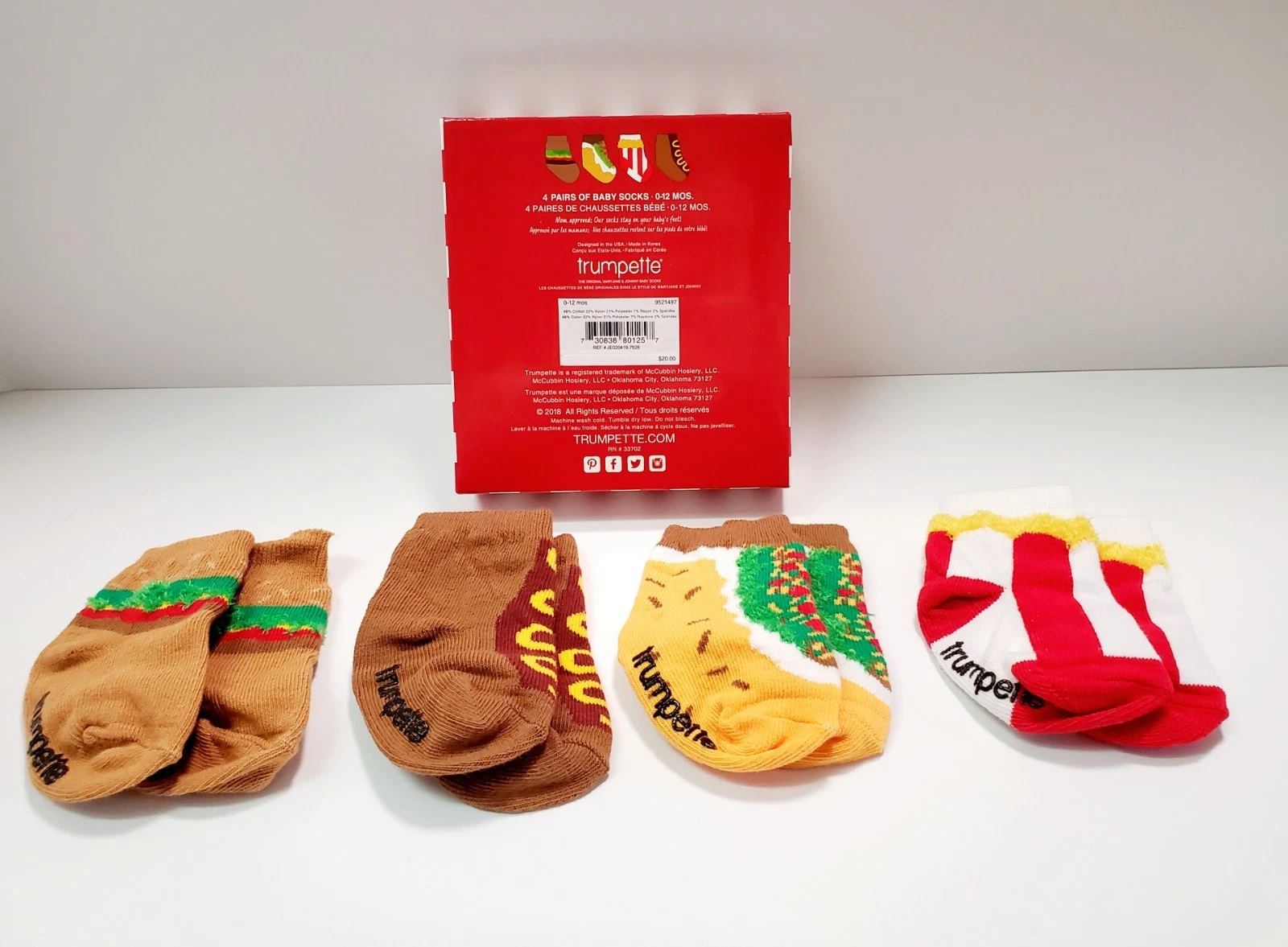Trumpette Hamburger Inspired Boys Baby Socks Sz 0-12 mos "Order Up" 4 pairs