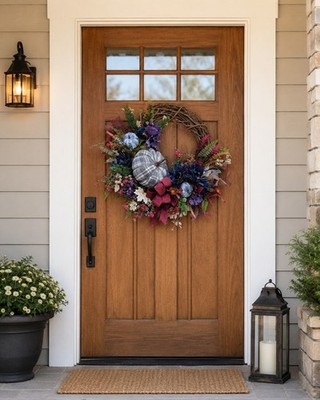 Blue and Burgundy Autumn Door Wreath, Plaid Pumpkin Grapevine Wreath