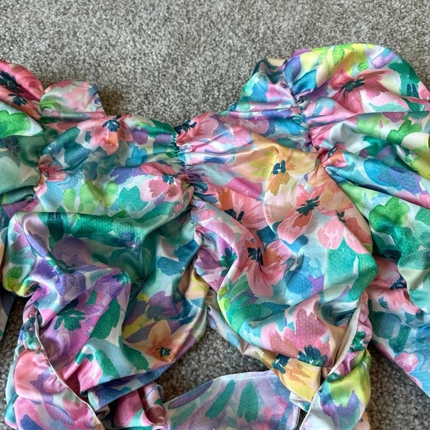 For Love & Lemons Blair Mini Dress Size XS Floral Ruched Bow Colorful Cocktail - Image 2 of 4