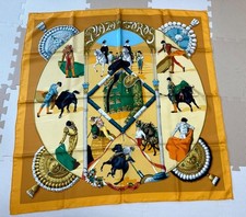 Auth HERMES Carre 90 Scarf PLAZA DE TOROS Yellow Silk Hubert de Watrigant w/Box