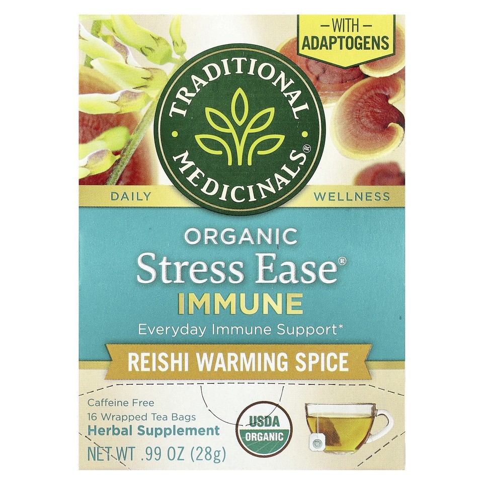 Organic Stress Ease® Immune, Reishi Warming Spice, Caffeine Free, 16 Wrapped Tea