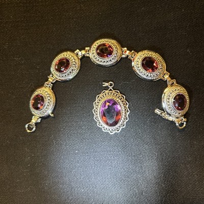 925 Sterling Silver Antique Danecraft Amethyst  Bracelet 7  and Pendant