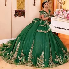 Green Quinceanera Dress With Bow Golden Shiny Lace Applique Ball Gown Sweet 16