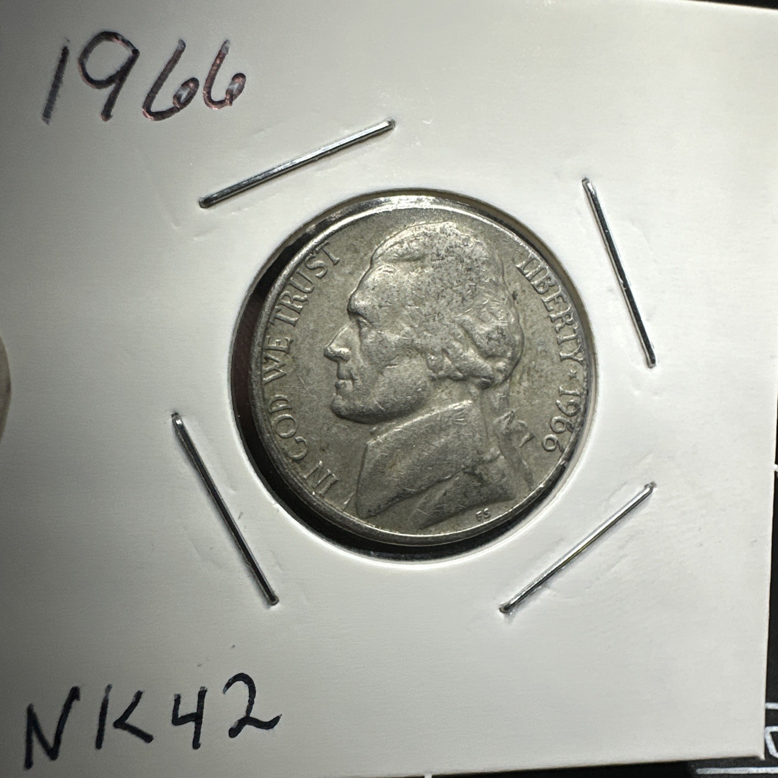 1966 Jefferson Nickel No Mint Mark Error, Off Center, Letters On