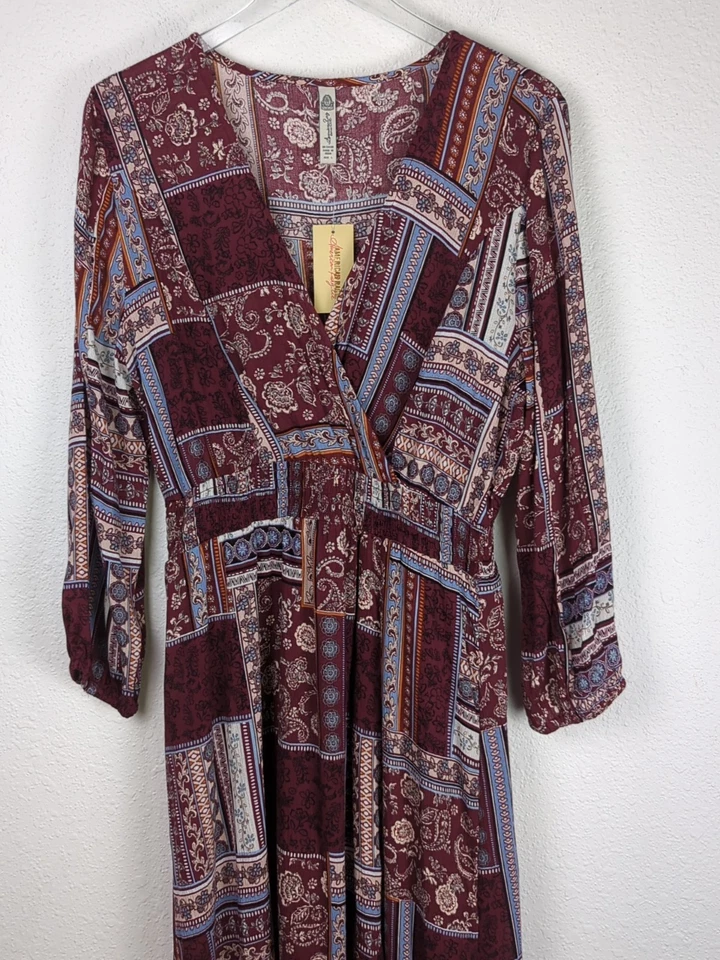 American Rag Dress L Burgundy Floral Bohemian Ruffled Fit & Flare Maxi Hi Lo Hem - Image 4 of 4