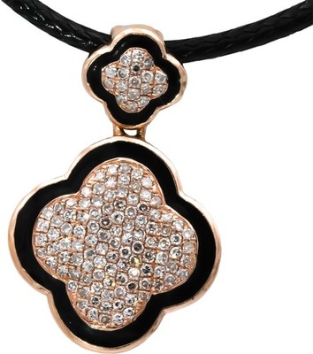 14k Rotgold runder Diamant und schwarze Emaille Kleeblatt Anhänger Halskette 0,50CT