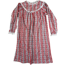 Lanz Nightgown Girls M 7/8 Red White Tyrolean Floral Fleece Eyelet Lace