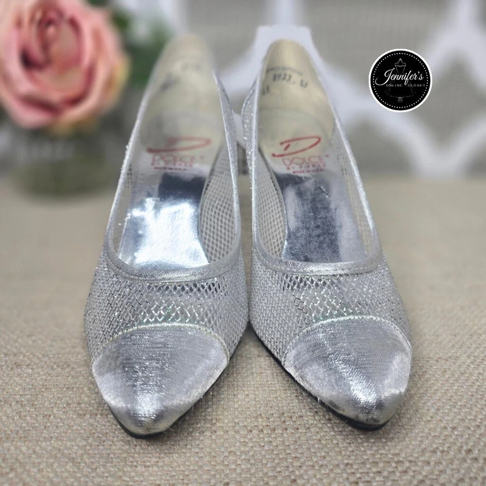 Tacones de malla de tela plateada raros vintage Dolce by Pierre talla 7 Foto 3 de 4