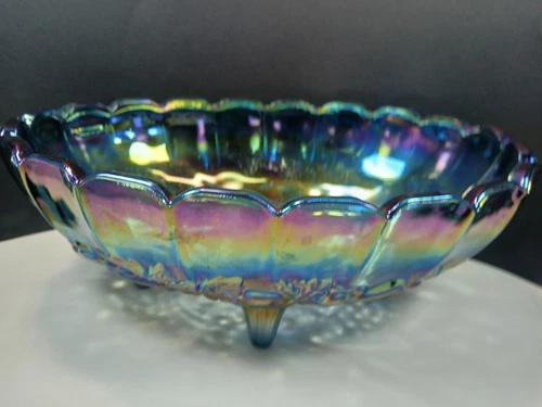 Vintage Indiana Iridescent Carnival Glass 4-Footed Fruit Centerpiece Bowl