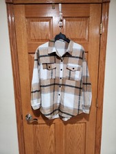 UNBRANDED Women's L Tan Brown Plaid Fleece Button Shirt Jacket Shacket NWOT