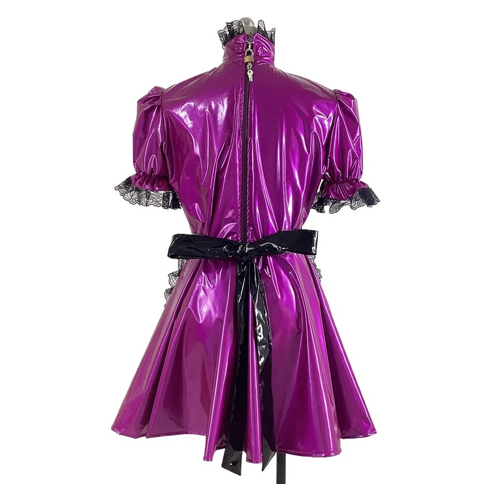 Lockable PVC Leather Maid Uniforms Puff Sleeve Apron Maid Dress Cosplay ...