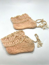 1930s Antique Wool Hand-Crocheted Baby Booties Shiny Ecru Silk DS42