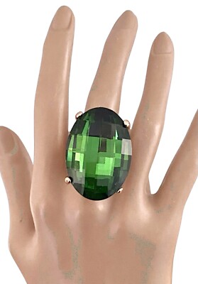 Oversized Oval Forest Green Crystal Adjustable Statement Big FunParty Ring