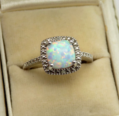 Sterling Silber quadratischer Feueropal Diamant Chip Ring signiert EMA Größe 7,5