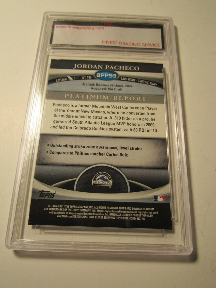 Tarjeta de béisbol Jordan Pacheco Bowman 2011 93 FGS grado 10 BBA-13 Foto 2 de 2