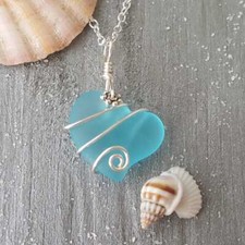 Hawaiian Jewelry Sea Glass Necklace, Wire Heart Necklace Turquoise Necklace