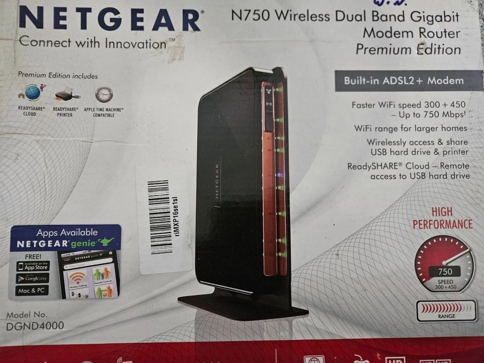 NETGEAR N750 Dual Band Wi-Fi DSL Modem Router ADSL2+ Gigabit Ethernet (DGND4000)
