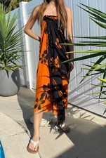 Hawaiian Sarong Orange/Black Plumeria Coverup Pareo Beach Pool Cruise Luau Dress