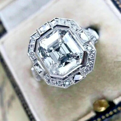 Vintage Art Deco Asscher Cut Diamond Engagement Ring 14K