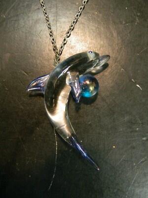 Vintage Art Glass Dolphin w/ Ball Necklace 23