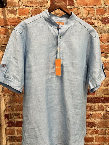 INSERCH NWT MEN’S LINEN PULL OVER BANDED COLLAR LIGHT BLUE SHIRT SIZE XL - Picture 2 of 8